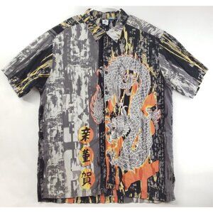 Phys.Sci Shirt Mens XL Black Gray Dragon All Over Print Cotton Classic Button-Up